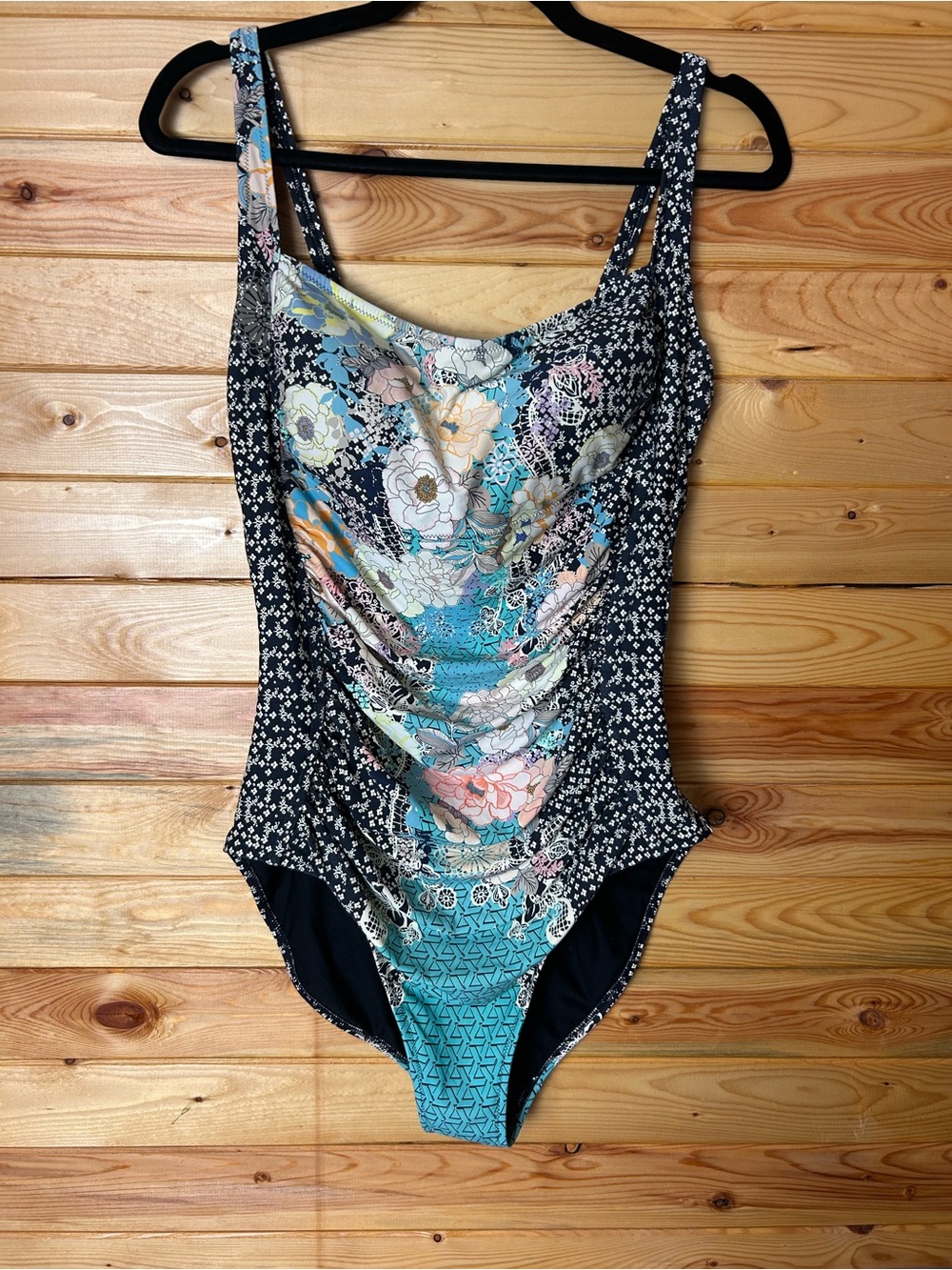 Johnny Was Floral One-Piece Swimsuit in Black and Teal - Picture 4 of 6